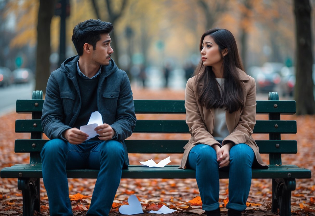 A young couple sitting apart on a park bench, looking away from each other with sad expressions, surrounded by autumn leaves.