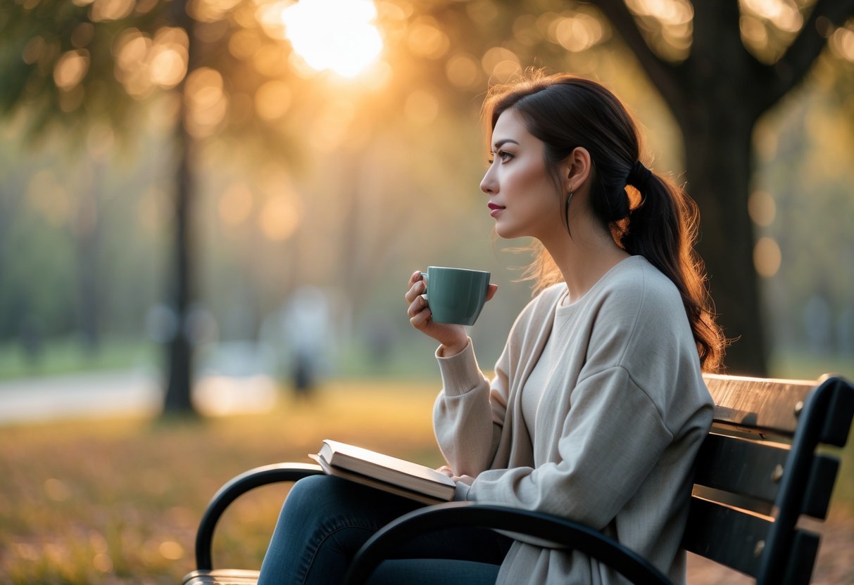 A young woman sitting alone on a park bench holding a cup, looking thoughtful and peaceful in a sunlit natural setting.