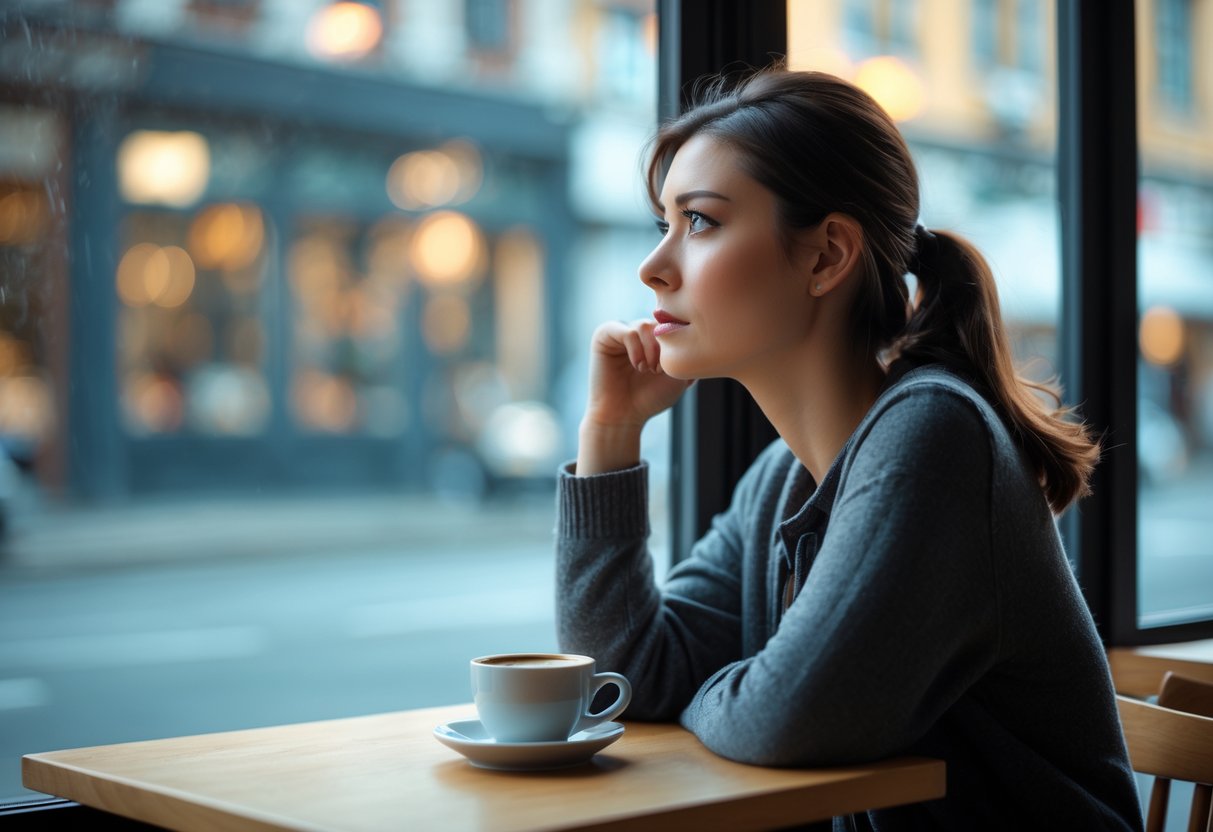 A young woman sitting alone at a café table looking thoughtfully out a window with a cup of coffee in front of her.