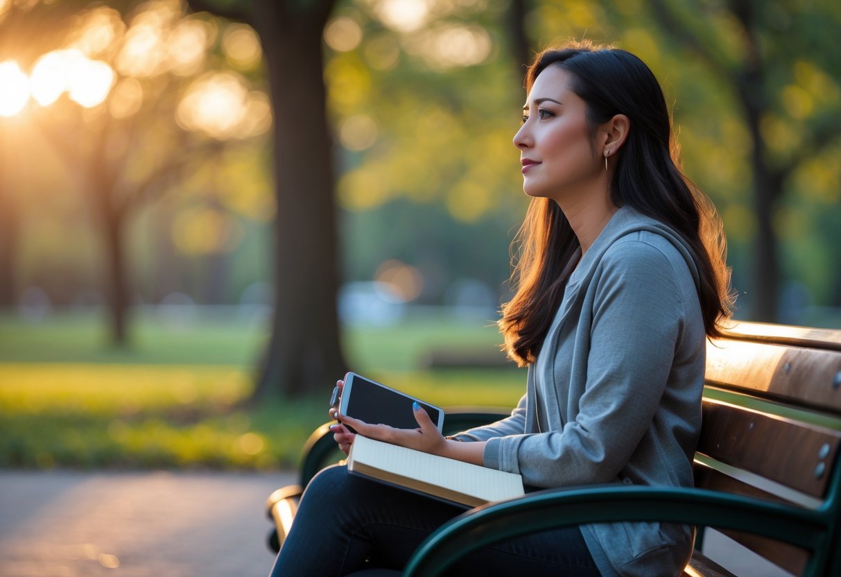 A young woman sitting on a park bench looking thoughtfully into the distance with a closed journal on her lap and a smartphone face down beside her.