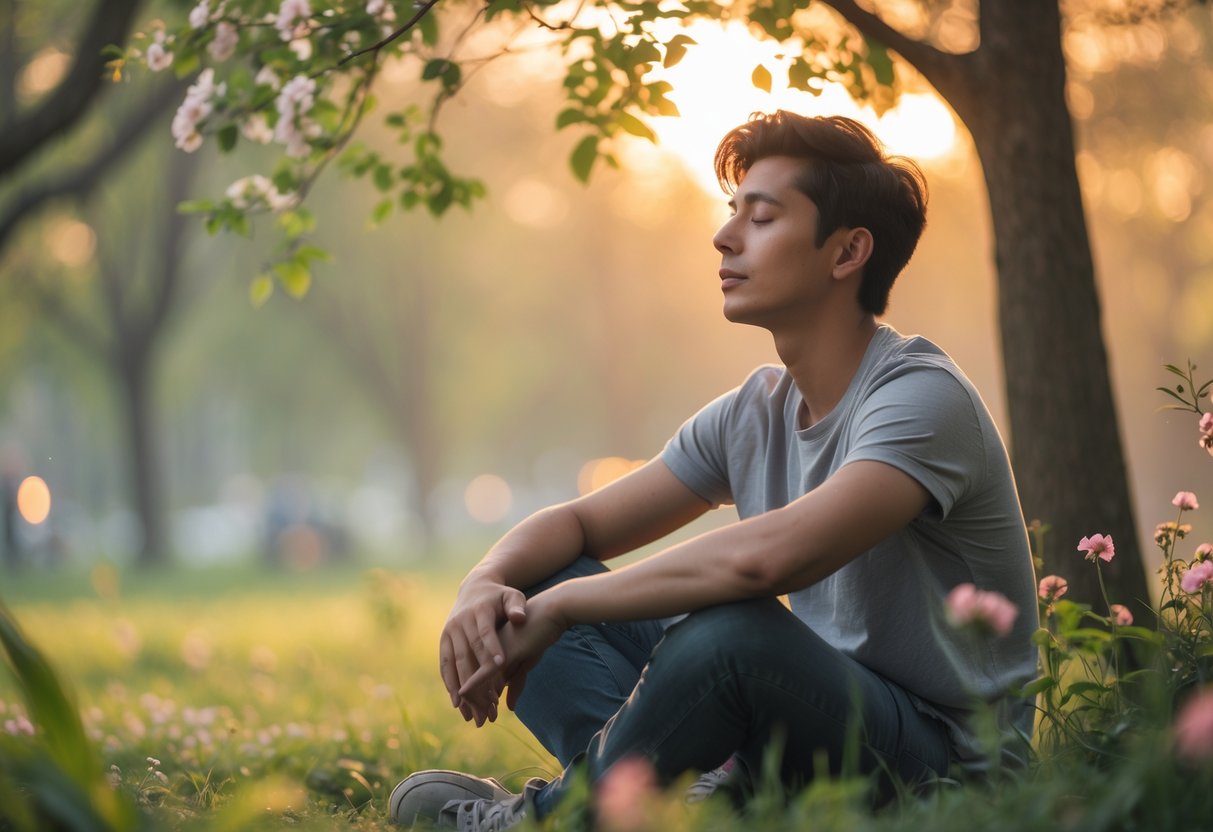 A young adult sitting peacefully outdoors in a park, looking calm and thoughtful with soft sunlight and greenery around them.