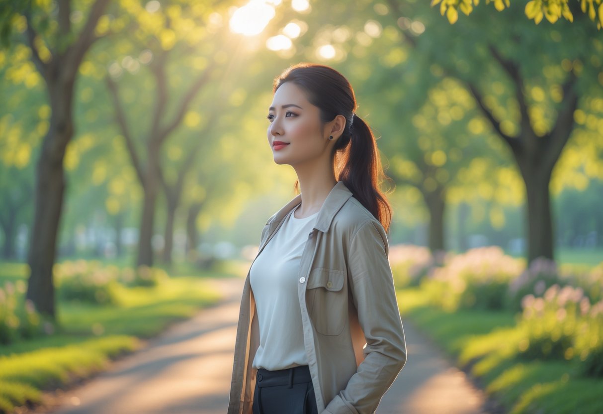 A young woman standing on a sunlit park path surrounded by green trees, looking ahead with a calm and hopeful expression.