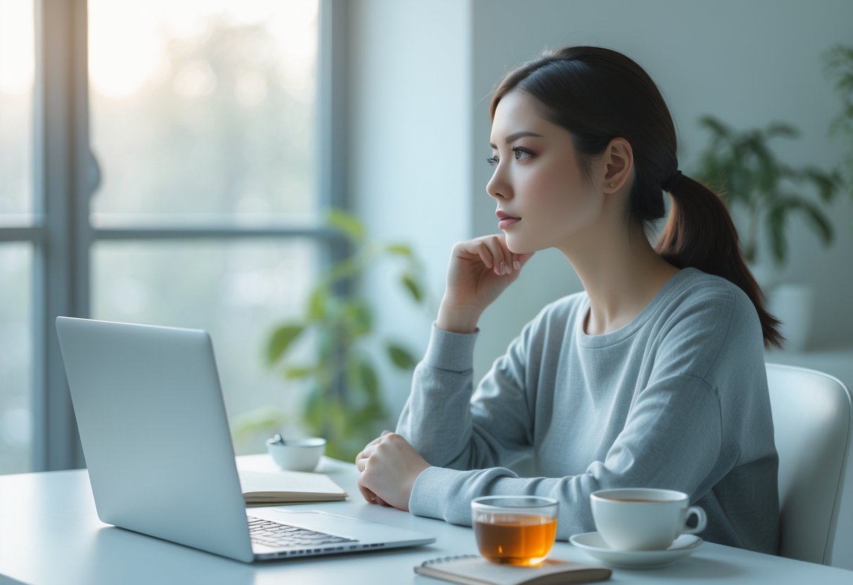 A young woman sitting at a desk in a bright room, looking thoughtfully out a window with a notebook, pen, and cup of tea nearby.