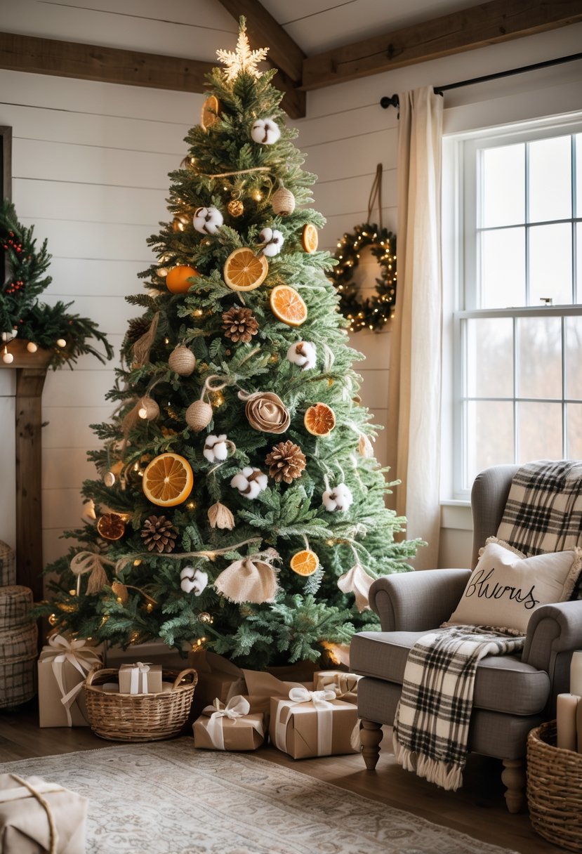 A cozy living room with a large Christmas tree decorated with natural ornaments and warm lights, surrounded by rustic furniture and holiday gifts.