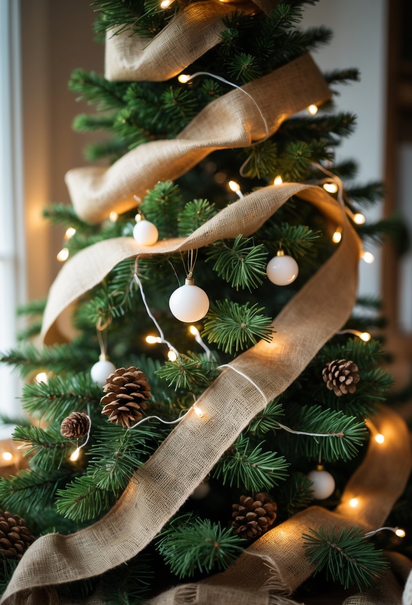 A decorated Christmas tree with burlap ribbon garland, pinecones, wooden ornaments, and warm white lights.