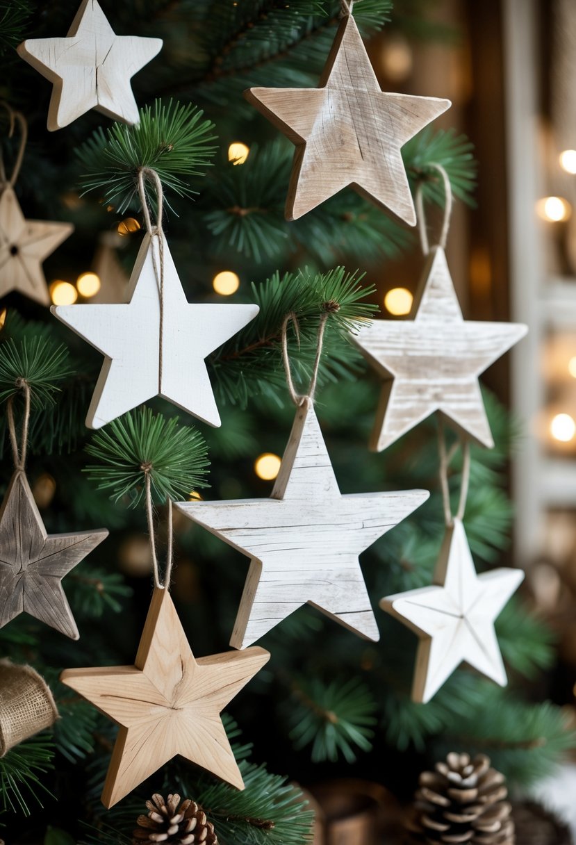 A Christmas tree decorated with 15 wooden star ornaments hanging among green pine branches in a warm farmhouse setting.