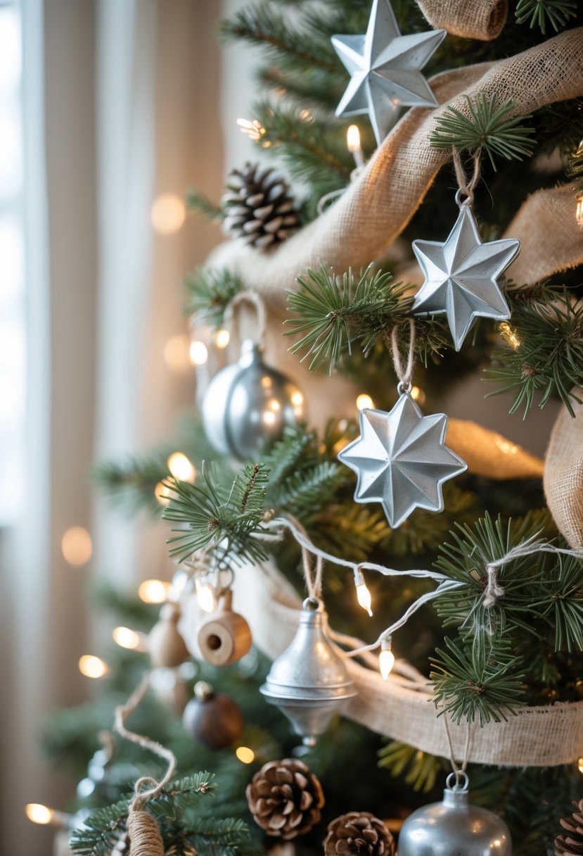 A decorated Christmas tree with galvanized metal ornaments, pinecones, burlap ribbons, and warm white lights in a cozy indoor setting.
