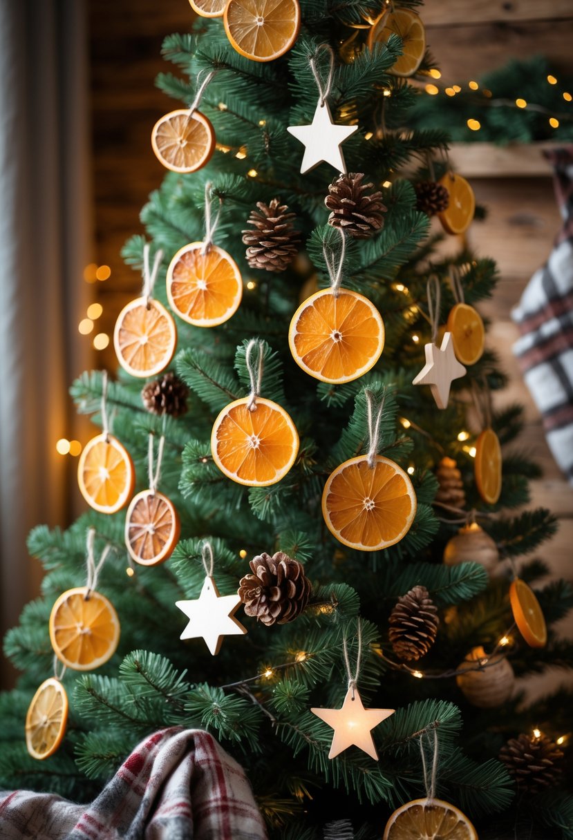 A Christmas tree decorated with dried orange slice garlands and rustic ornaments in a cozy farmhouse setting.