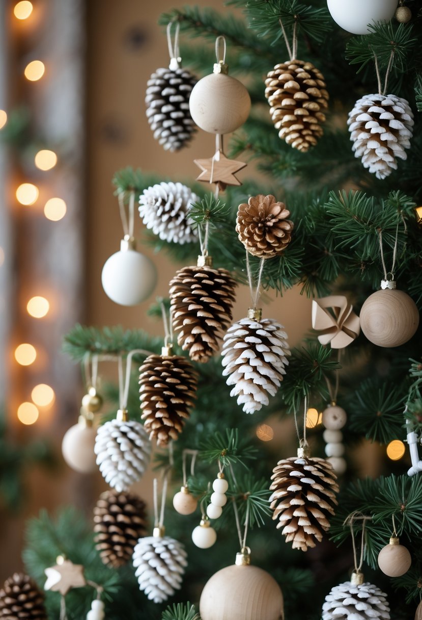 A Christmas tree decorated with 15 natural pinecone ornaments and rustic farmhouse decorations.