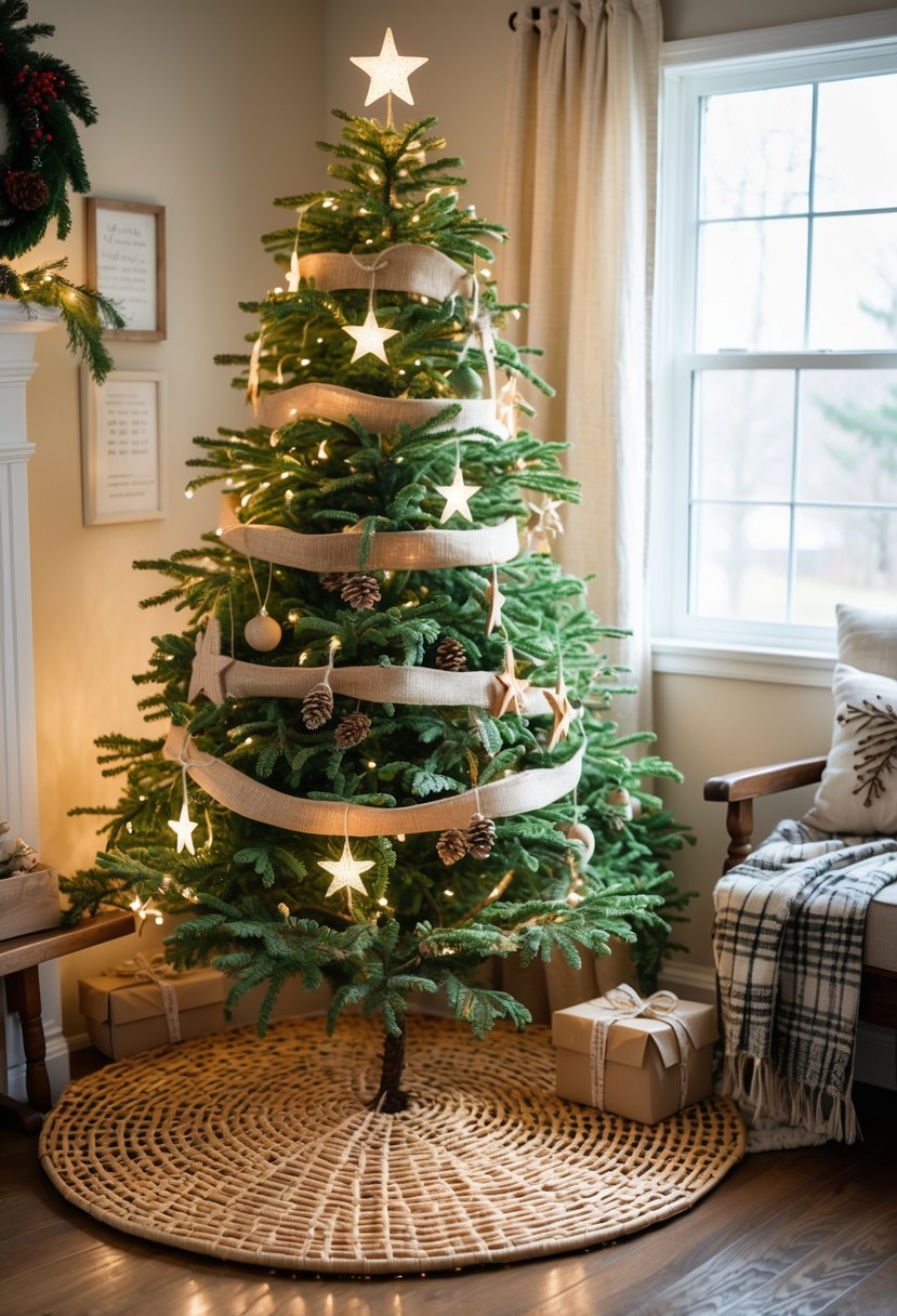 A Christmas tree with a rattan tree skirt surrounded by rustic decorations and wrapped presents in a cozy living room.