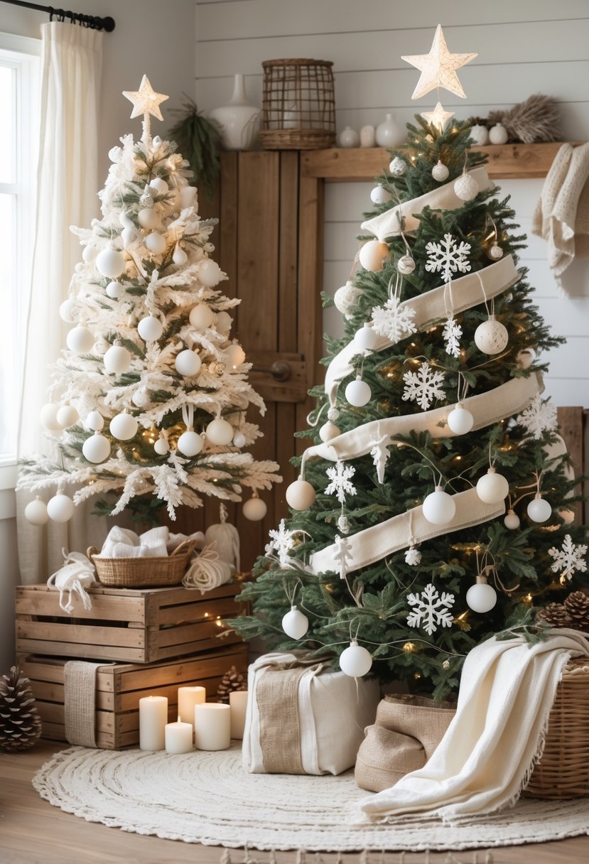 A decorated Christmas tree with cream and white ornaments surrounded by farmhouse-style decor in a cozy room.