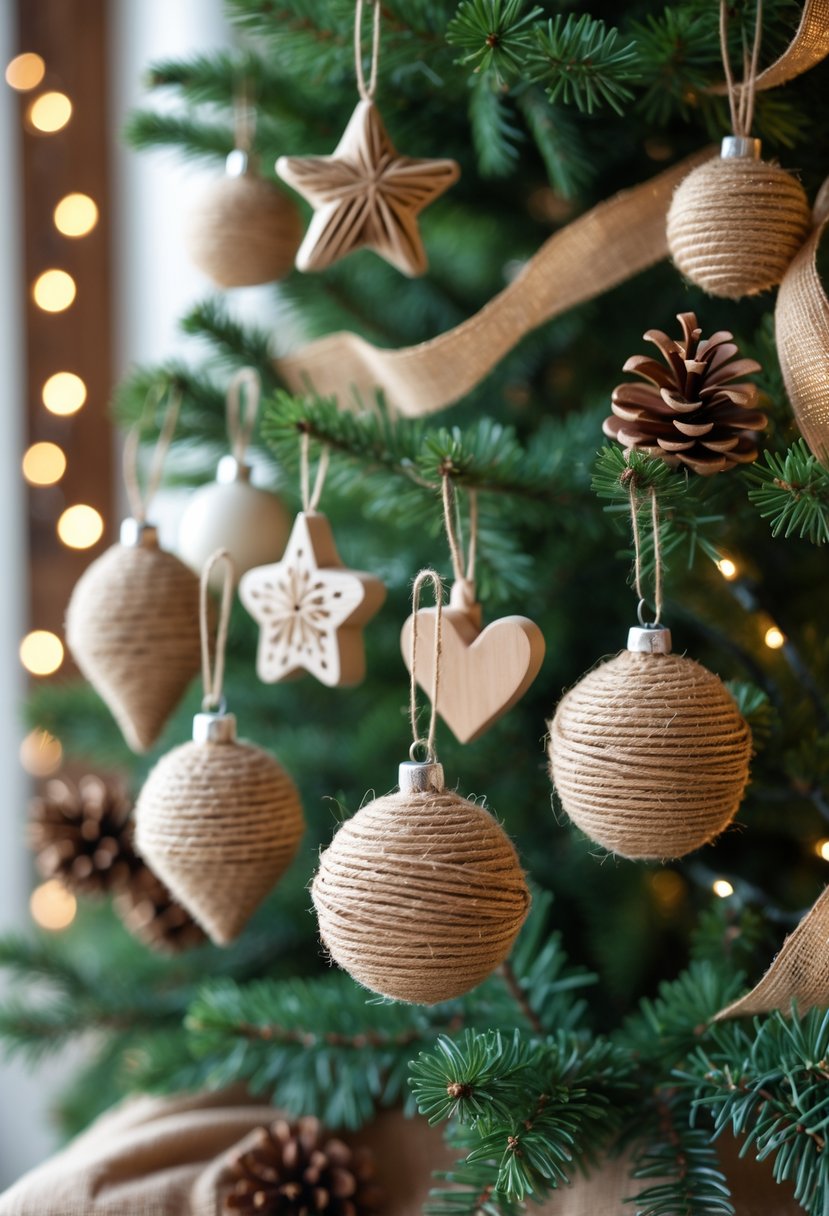 A Christmas tree decorated with 15 twine-wrapped ornaments including wooden shapes and pinecones, surrounded by warm white lights and rustic holiday decorations.