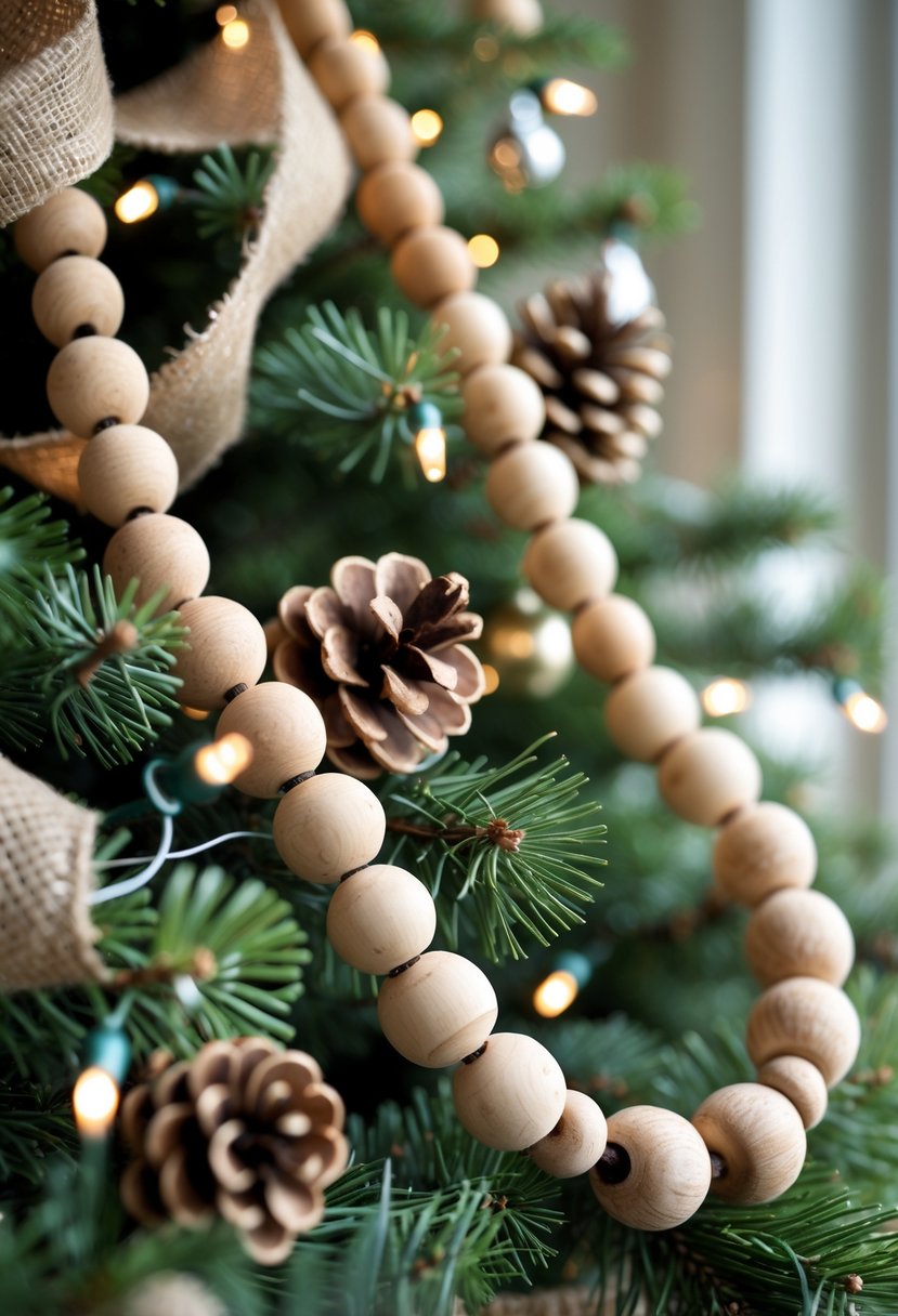A Christmas tree decorated with a rustic wooden bead garland, pine cones, burlap ribbons, and white lights.