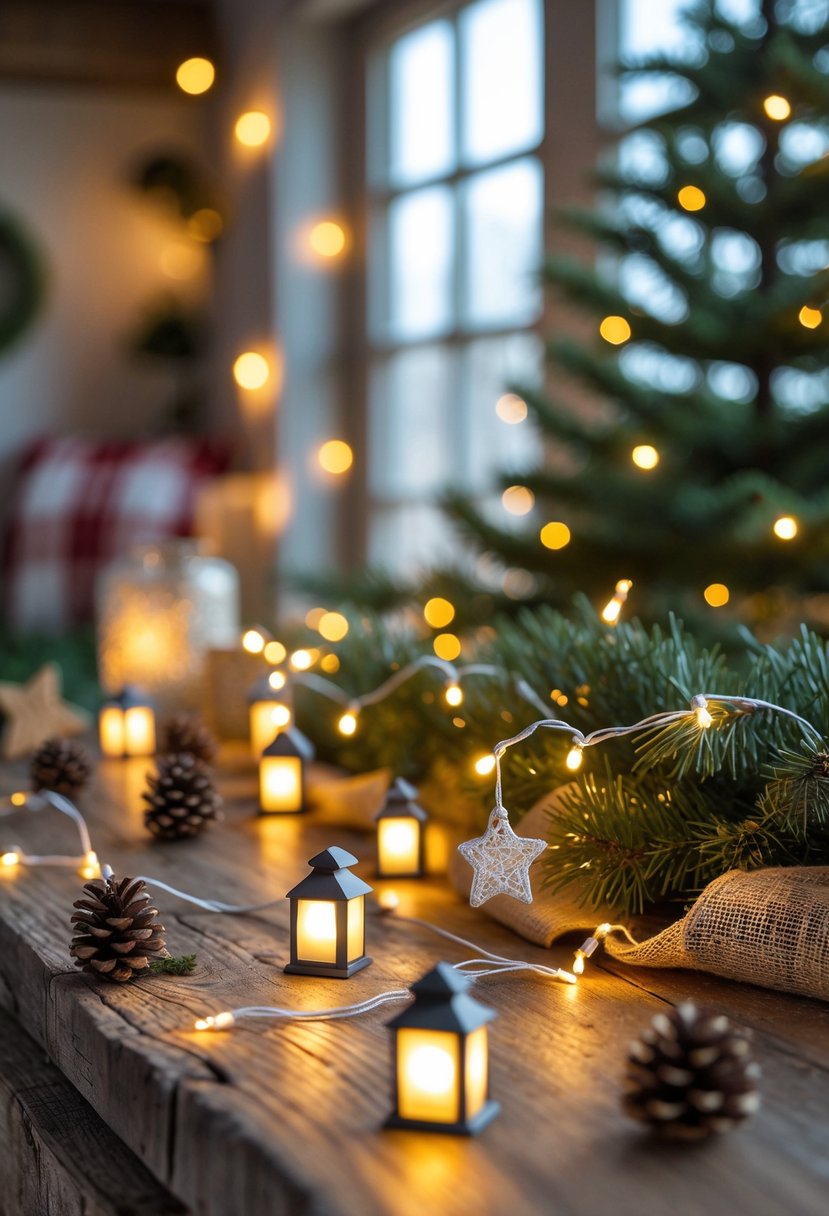 Miniature lantern string lights glowing on a rustic wooden surface surrounded by various Christmas tree decorations in a cozy farmhouse setting.