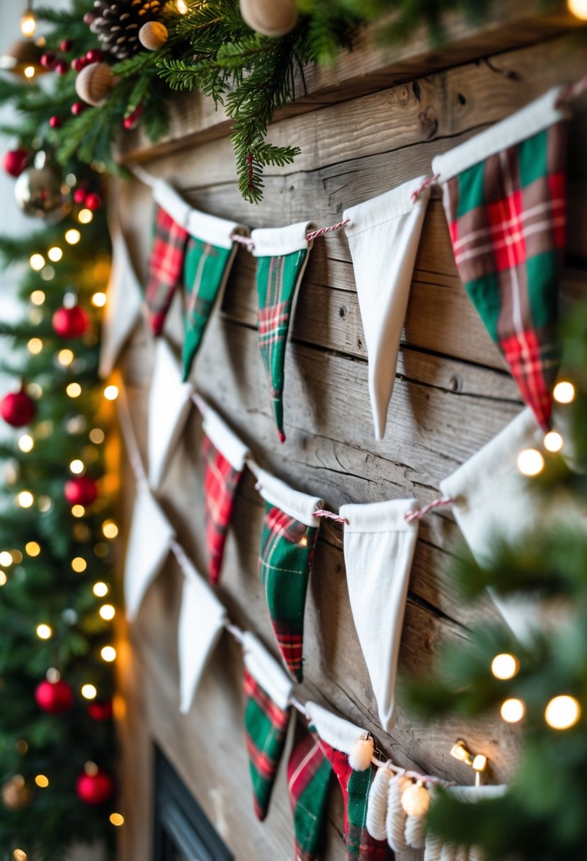 A farmhouse Christmas scene with plaid fabric bunting and various handmade ornaments decorating a Christmas tree.
