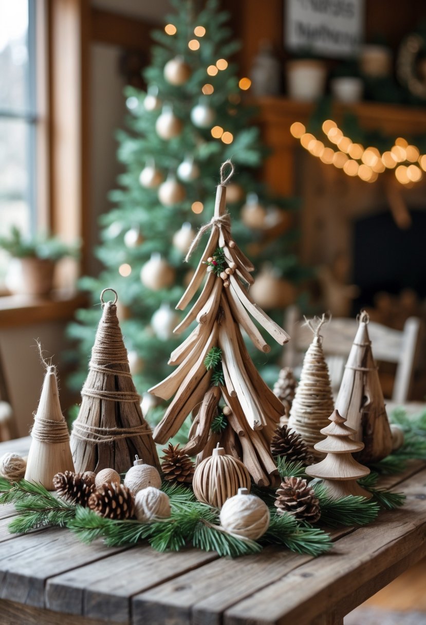 A collection of handmade driftwood Christmas tree ornaments displayed on a wooden table with pine cones and greenery.