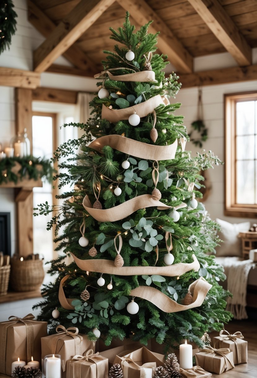 A decorated Christmas tree with fresh greenery and rustic ornaments in a cozy farmhouse room with warm lighting.