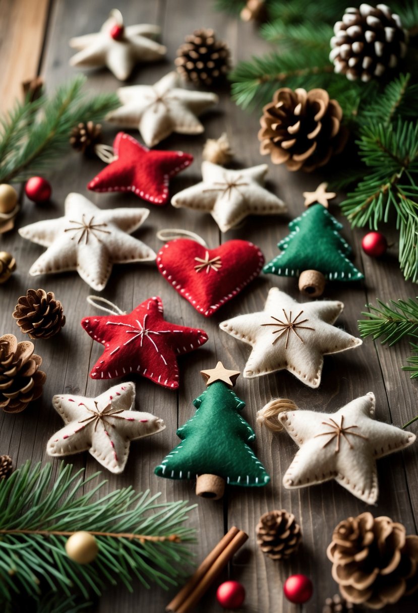 A collection of 15 handmade felt Christmas tree ornaments displayed on a wooden surface with pine branches and pine cones.