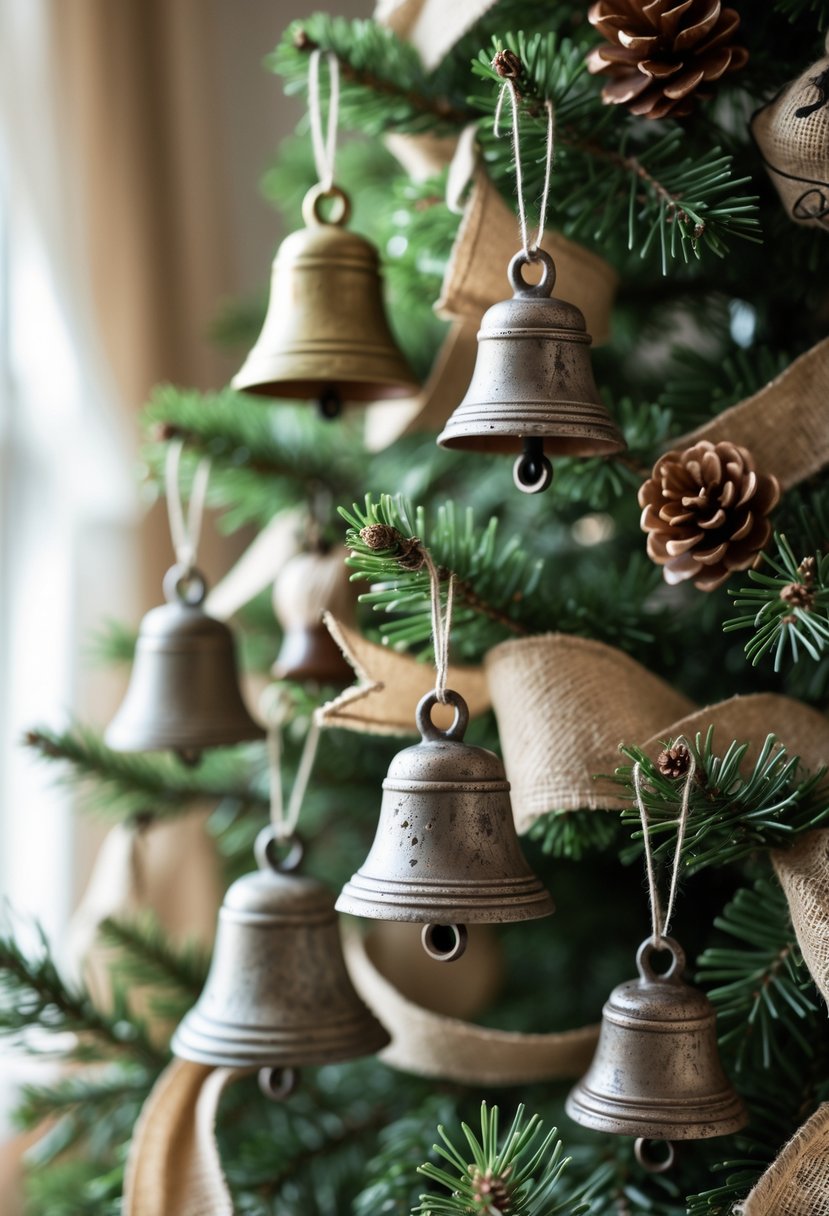 A Christmas tree decorated with 15 antique style bell ornaments and natural farmhouse decorations.
