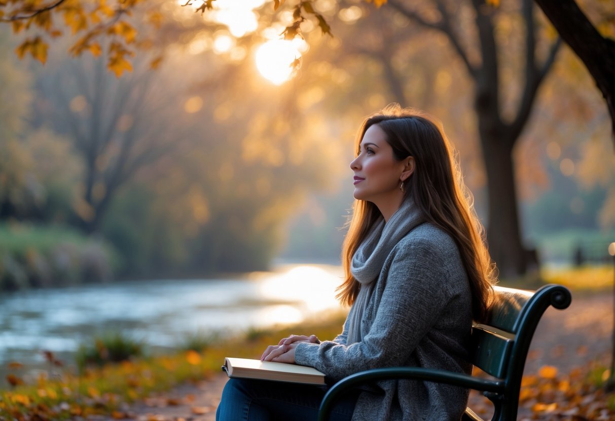 A young woman sitting alone on a park bench surrounded by autumn trees, looking thoughtfully into the distance.