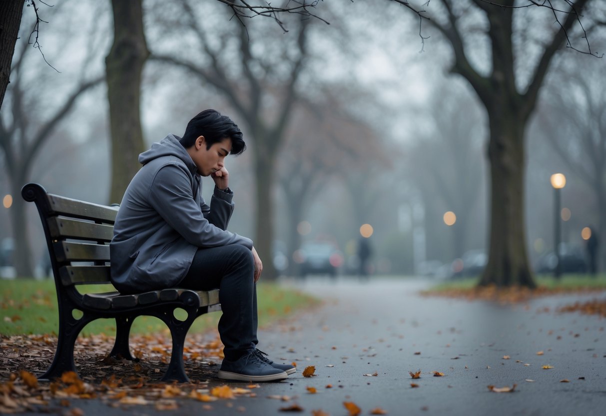 A young adult sitting alone on a park bench, looking thoughtful and reflective on a cloudy day.