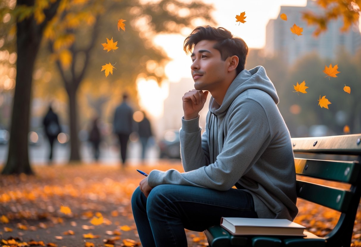 A young adult sitting on a park bench surrounded by autumn leaves, looking thoughtful and hopeful with a journal and pen beside them.
