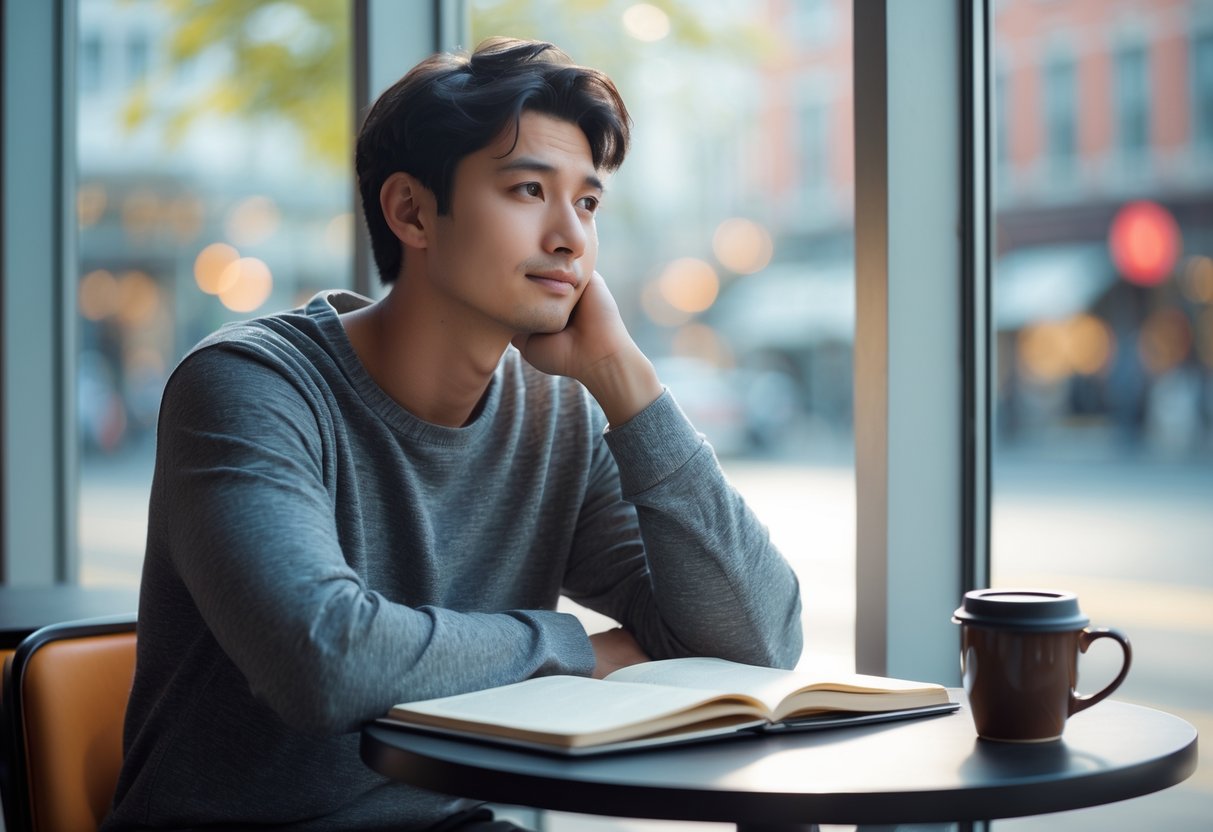 A young adult sitting alone at a café table by a window, looking thoughtfully outside with a cup of coffee and notebook on the table.