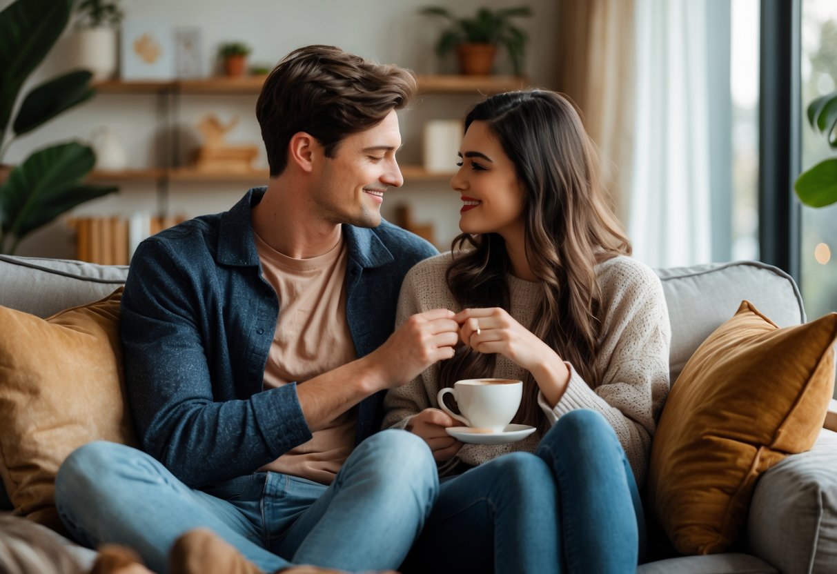 A young couple sitting closely on a couch, looking into each other's eyes with gentle smiles, holding hands in a cozy living room.