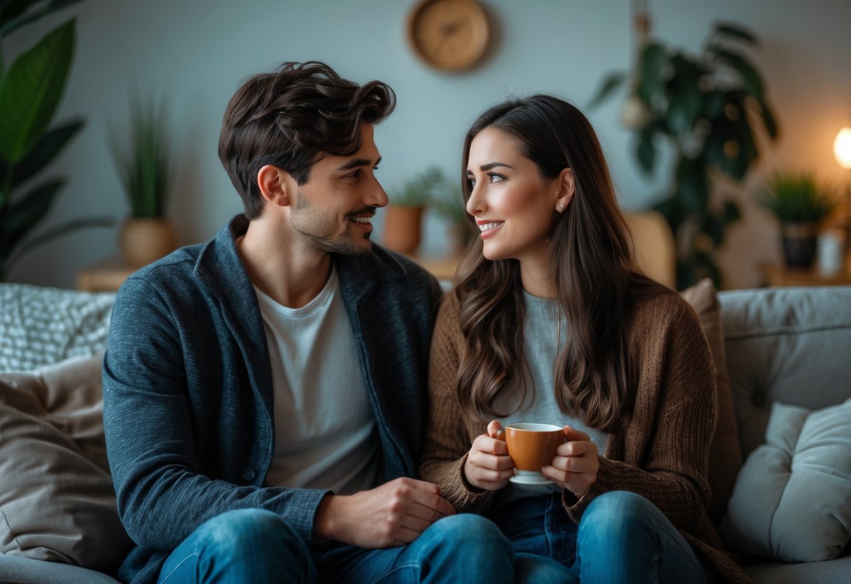 A young couple sitting closely on a couch, having a heartfelt conversation with warm expressions.
