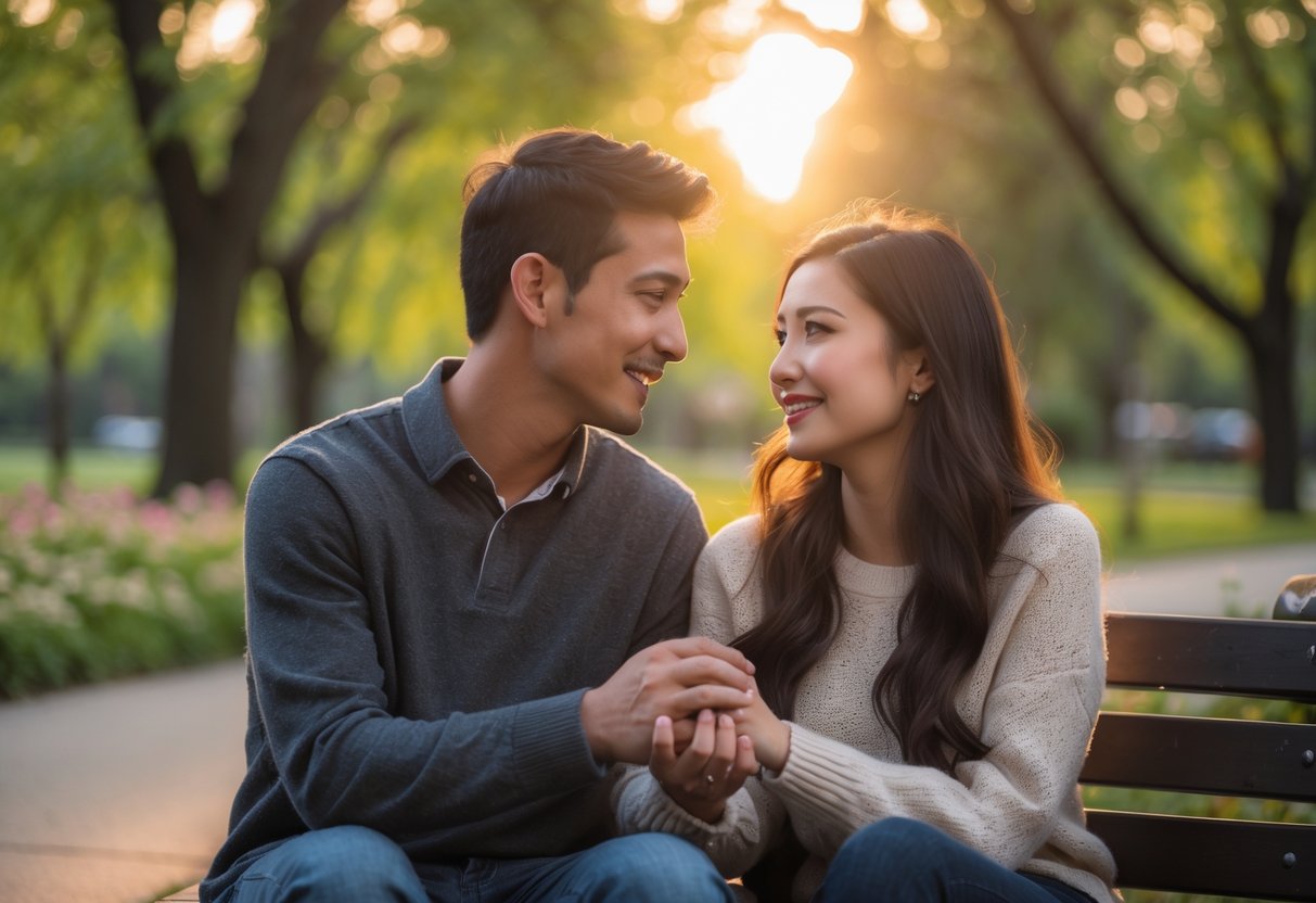 A young couple sitting closely on a park bench, holding hands and smiling at each other in a peaceful outdoor setting.
