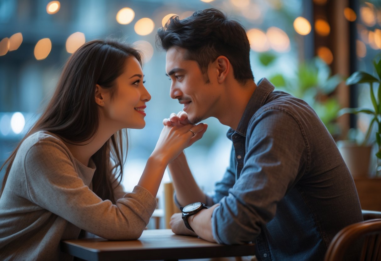 A man and woman sitting closely at a café table, looking into each other's eyes and holding hands, sharing a warm and affectionate moment.