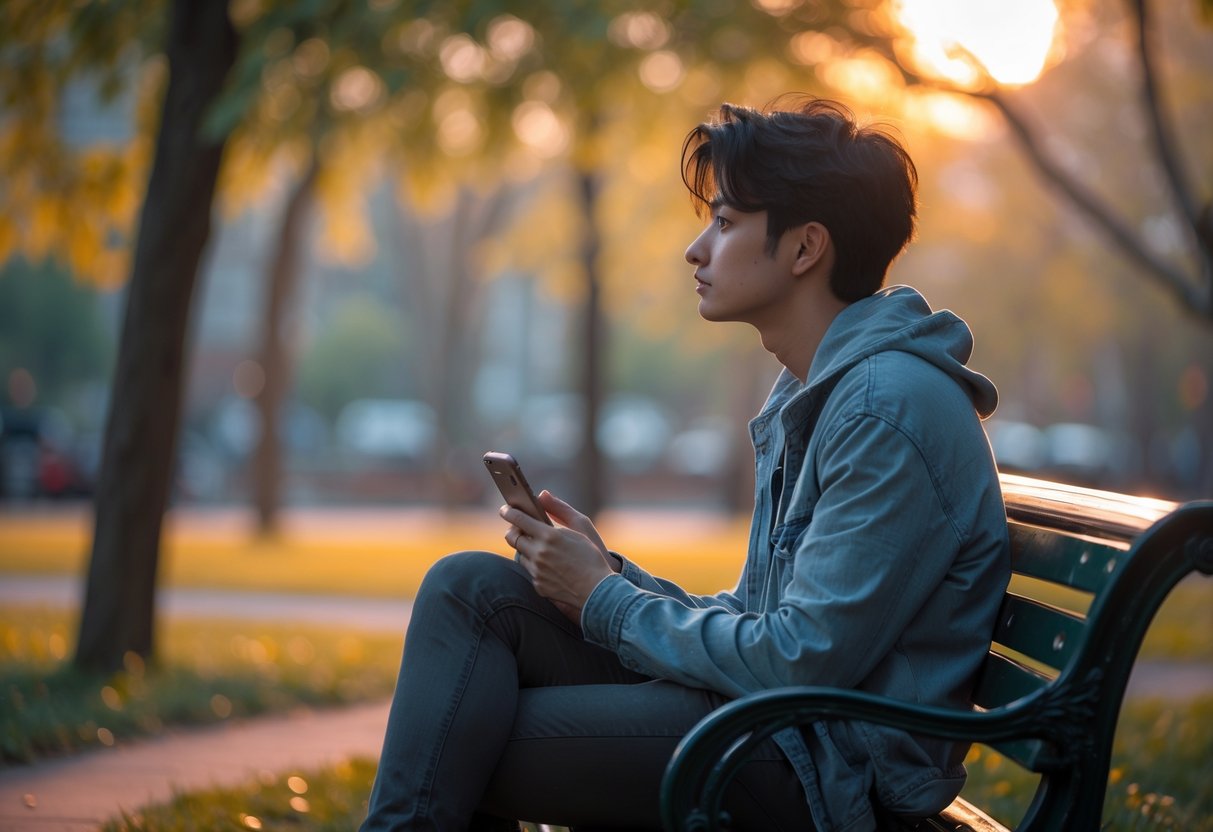 A young adult sitting alone on a park bench, looking thoughtfully into the distance while holding a smartphone.