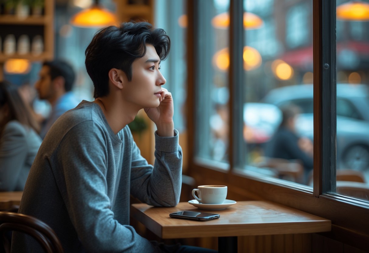 A young adult sitting alone at a cafe table, looking thoughtfully out the window with a cup of coffee and a smartphone nearby.