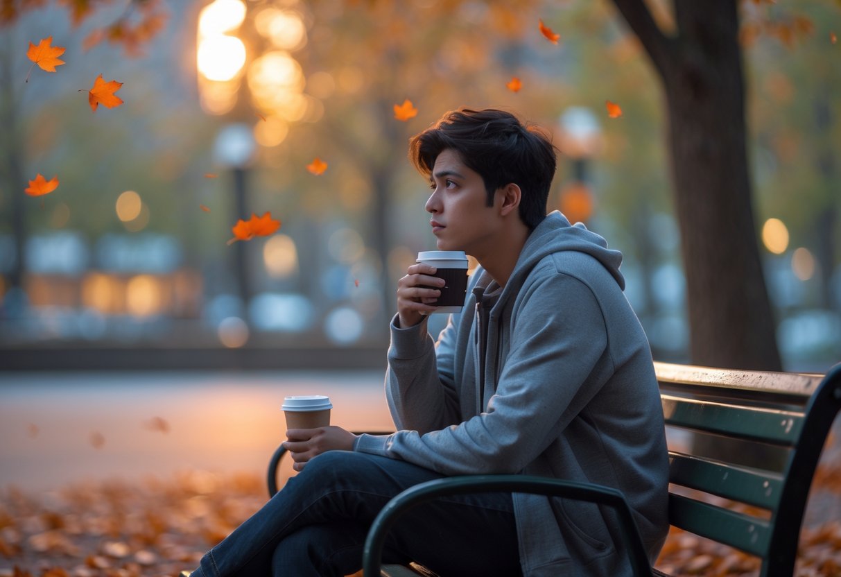 A young adult sitting alone on a park bench in early evening, holding a coffee cup and looking thoughtfully into the distance.