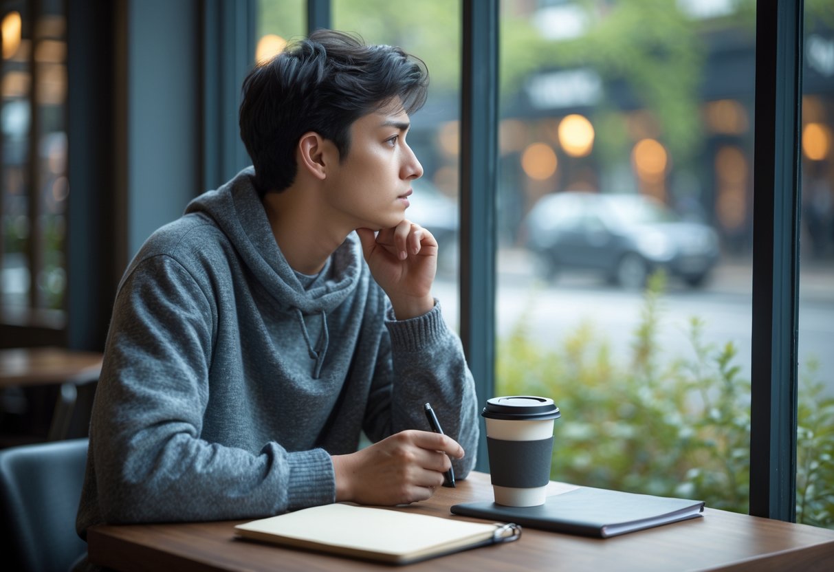 A young adult sitting alone at a coffee shop table, looking thoughtfully out the window while holding a cup of coffee.