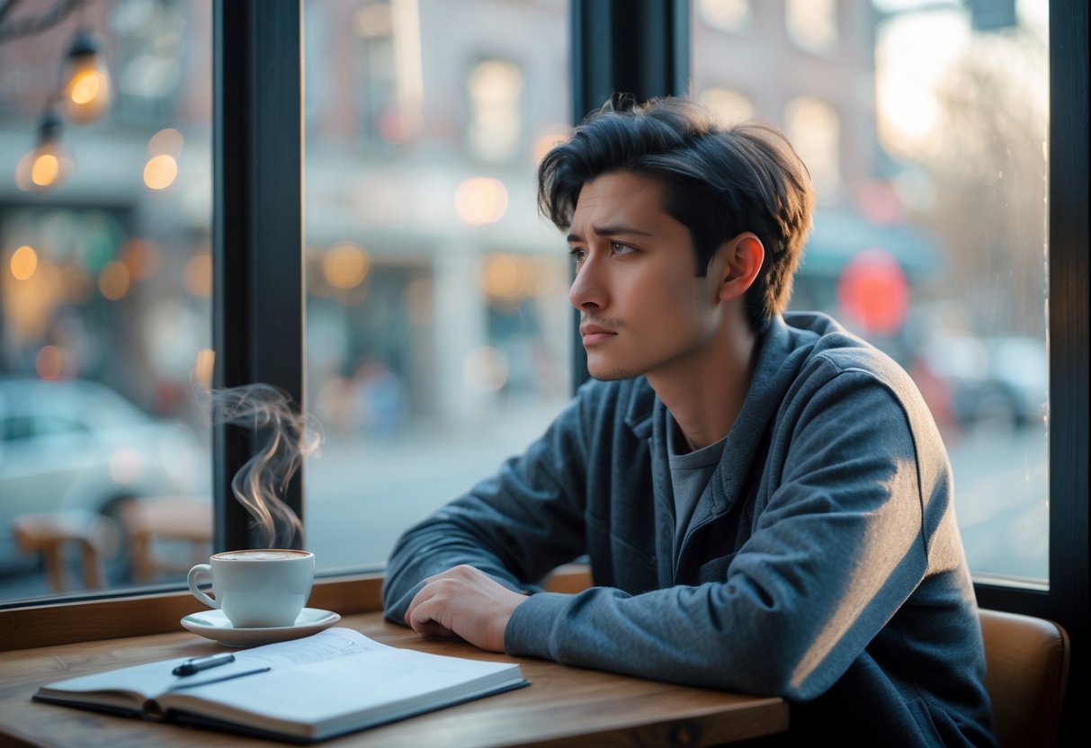 A young adult sitting alone at a coffee shop table, looking thoughtfully out the window with a cup of coffee and notebook in front of them.
