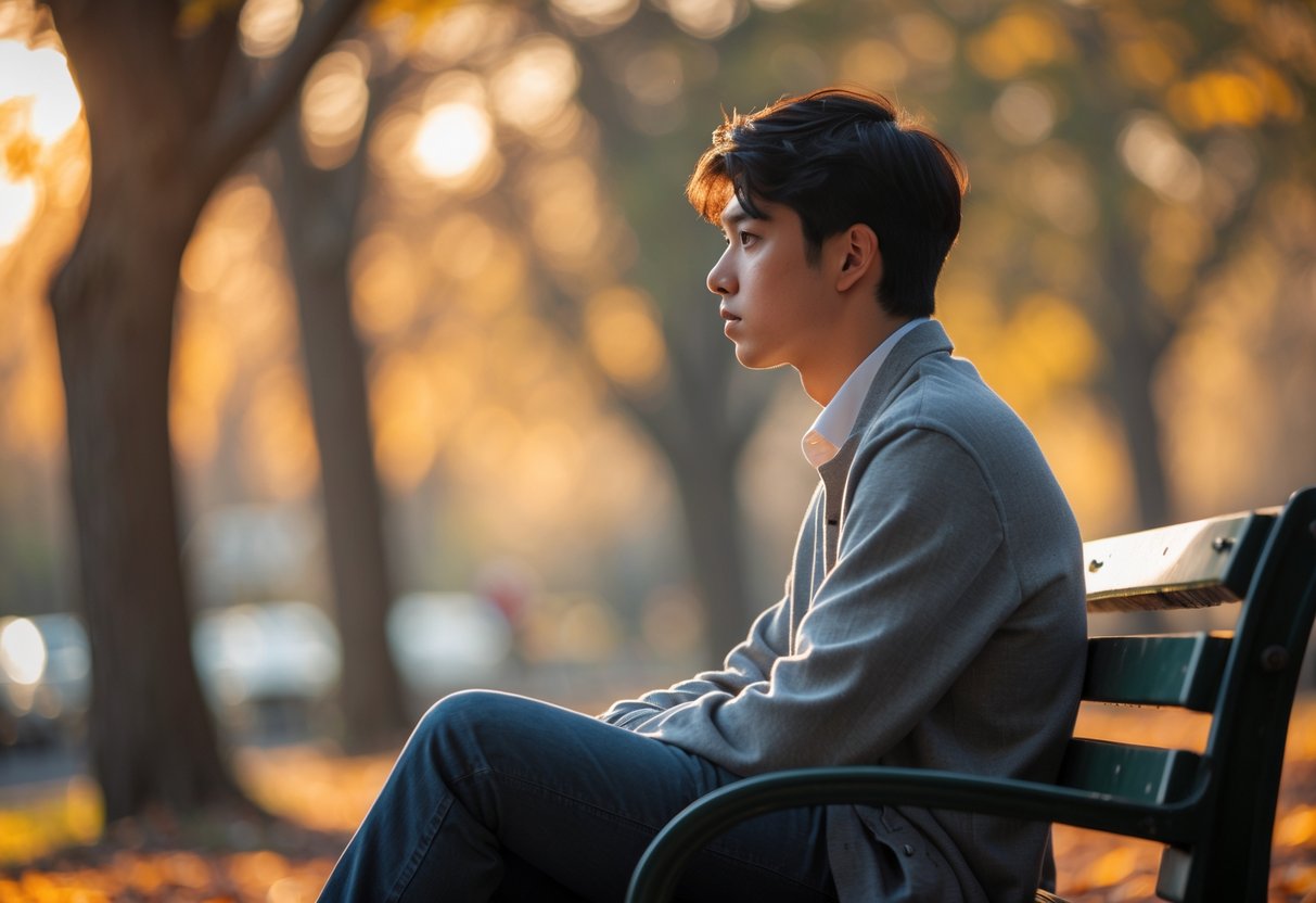 A young adult sitting alone on a park bench, looking thoughtfully into the distance during sunset.