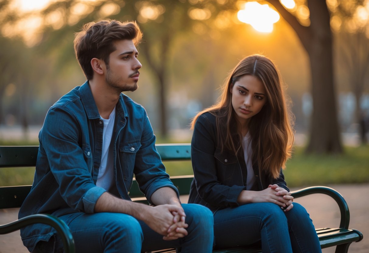 A young couple sitting apart on a park bench at sunset, both looking thoughtful and distant.