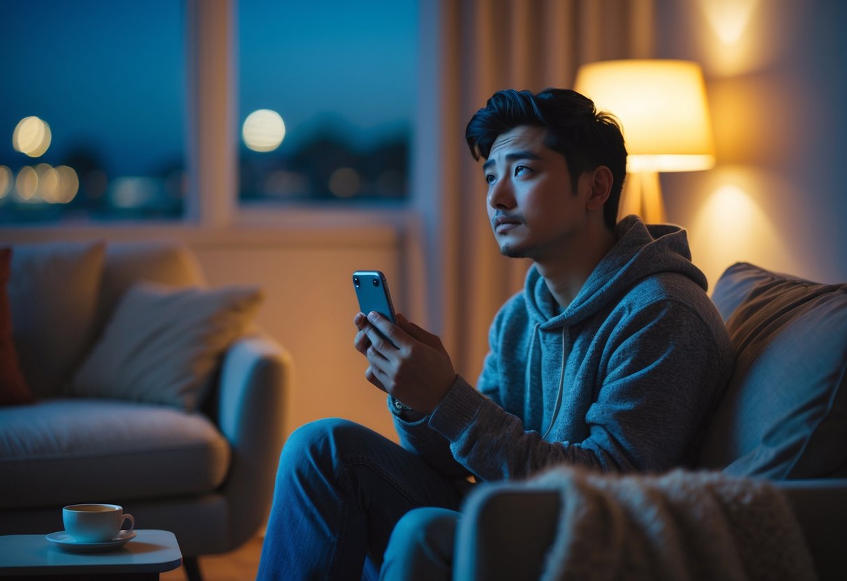 A young adult sitting alone in a living room, holding a smartphone and looking thoughtful and contemplative.