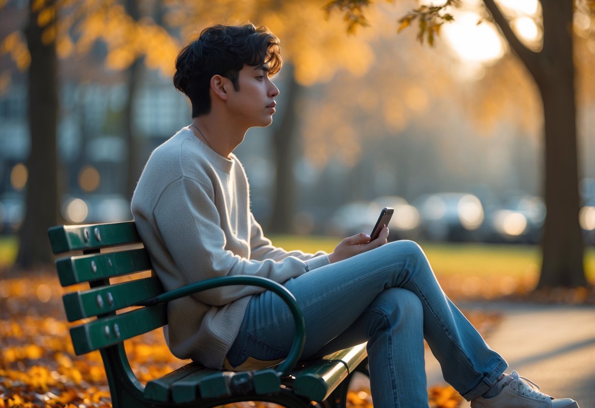 A young adult sitting alone on a park bench looking thoughtful and sad with a smartphone beside them in an autumn park.