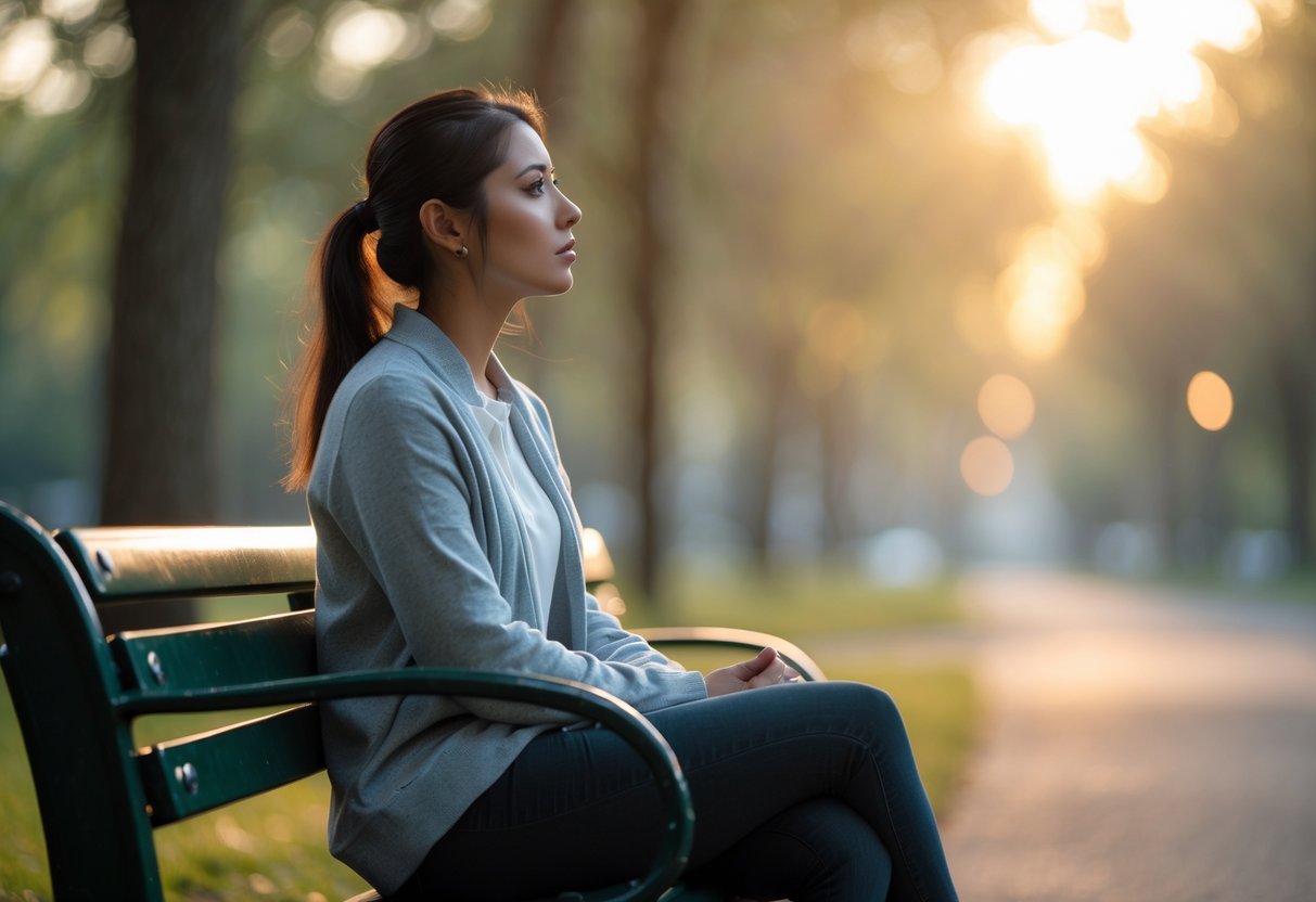 A young woman sitting alone on a park bench, looking thoughtfully into the distance during sunset.