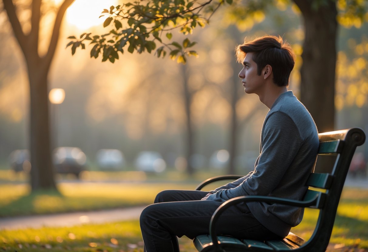 A young adult sitting alone on a park bench, looking thoughtfully into the distance during sunset.