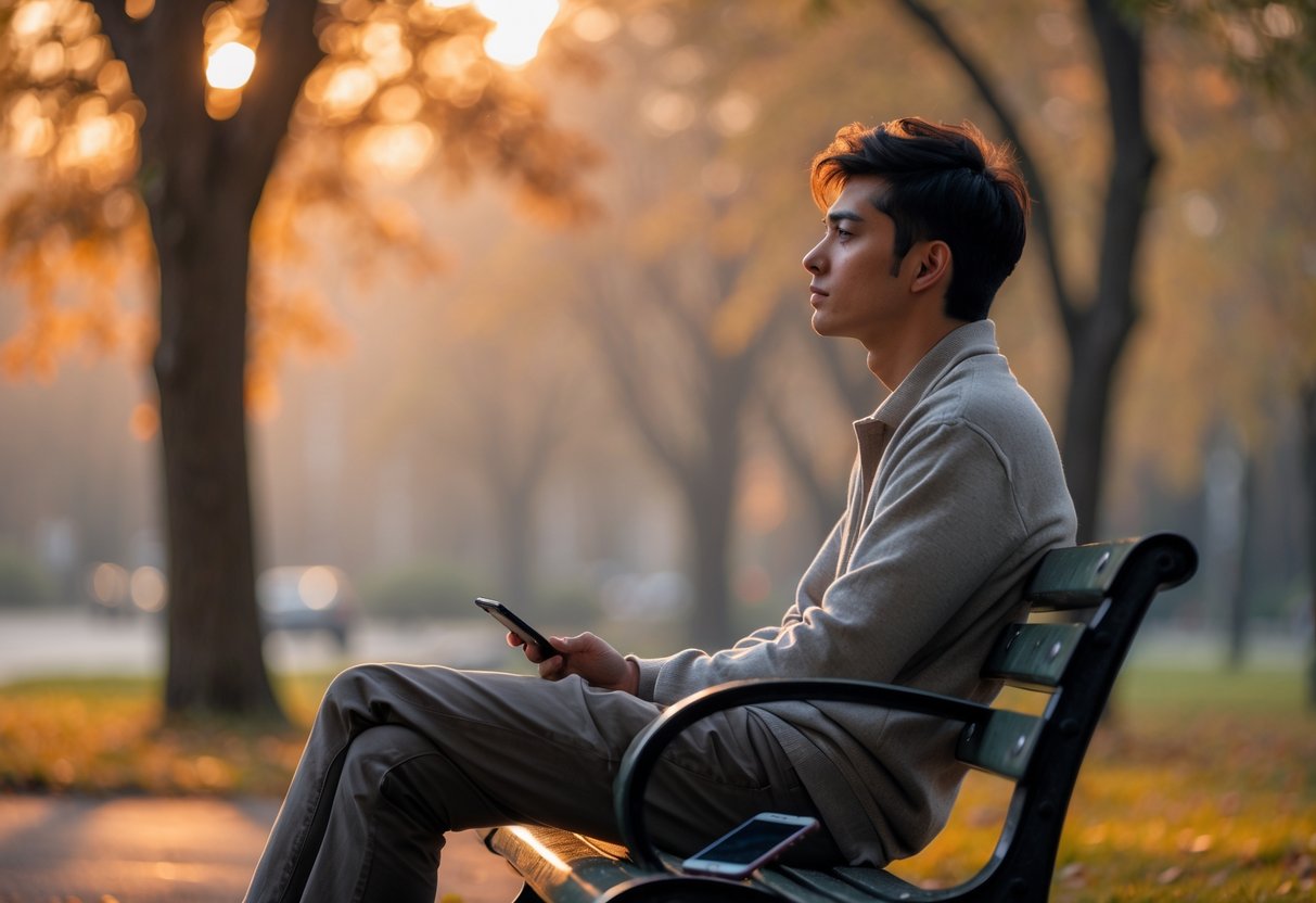 A young adult sitting alone on a park bench looking thoughtfully into the distance with autumn trees in the background.