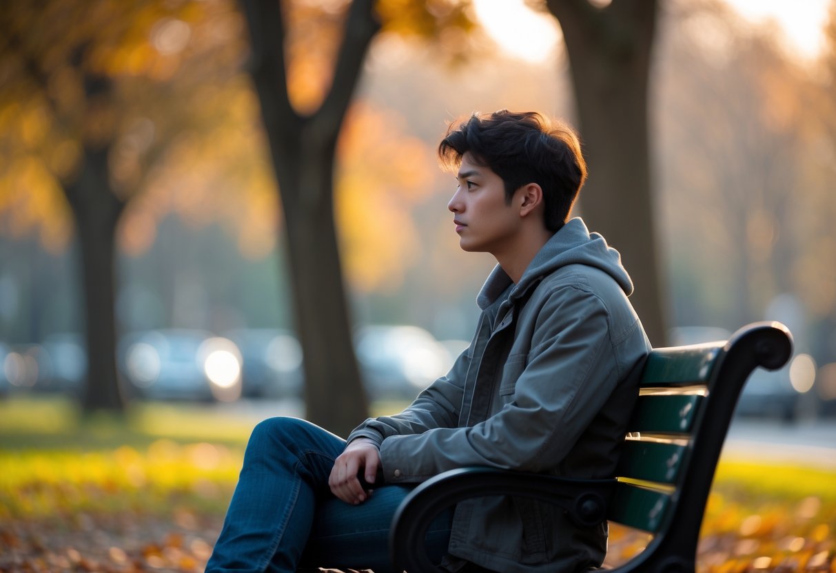 A young adult sitting alone on a park bench, looking thoughtfully into the distance with autumn trees in the background.