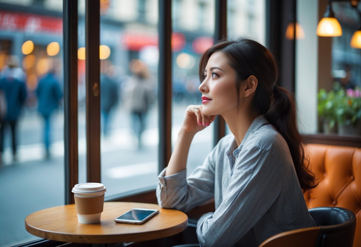 A young woman sitting alone at a café table, looking thoughtfully out the window with a wistful expression.