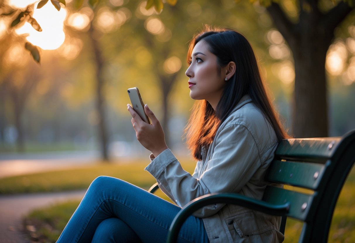 A young woman sitting alone on a park bench, looking thoughtfully into the distance while holding a smartphone.