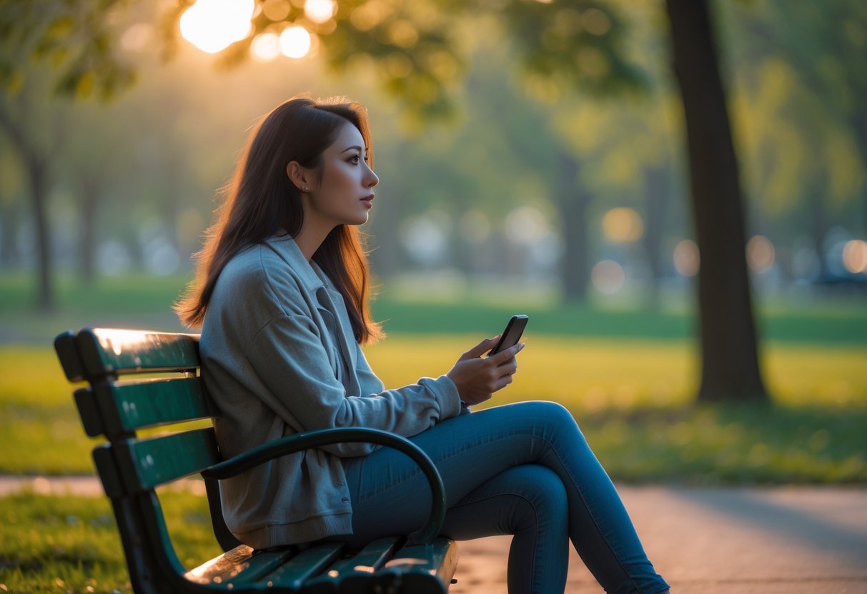 A young woman sitting alone on a park bench, looking thoughtful and holding a smartphone while gazing into the distance.