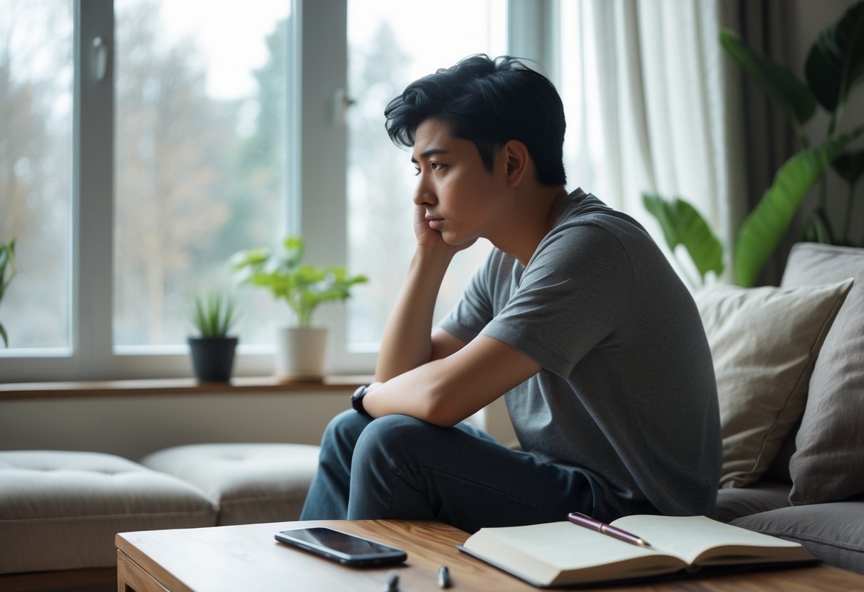 A young adult sitting alone in a cozy living room, looking thoughtfully out of a window with a smartphone and a journal on a coffee table nearby.