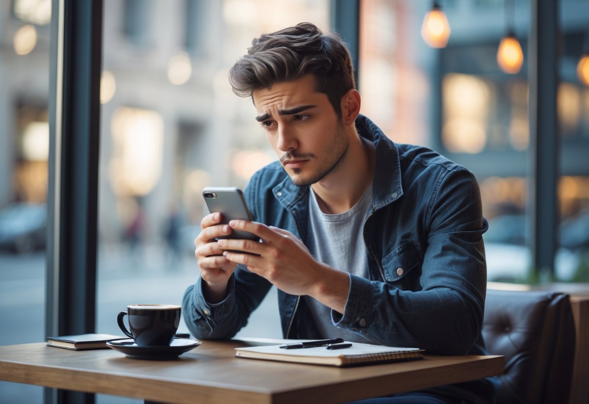 A young man sitting alone at a coffee shop table, looking thoughtfully at his smartphone.