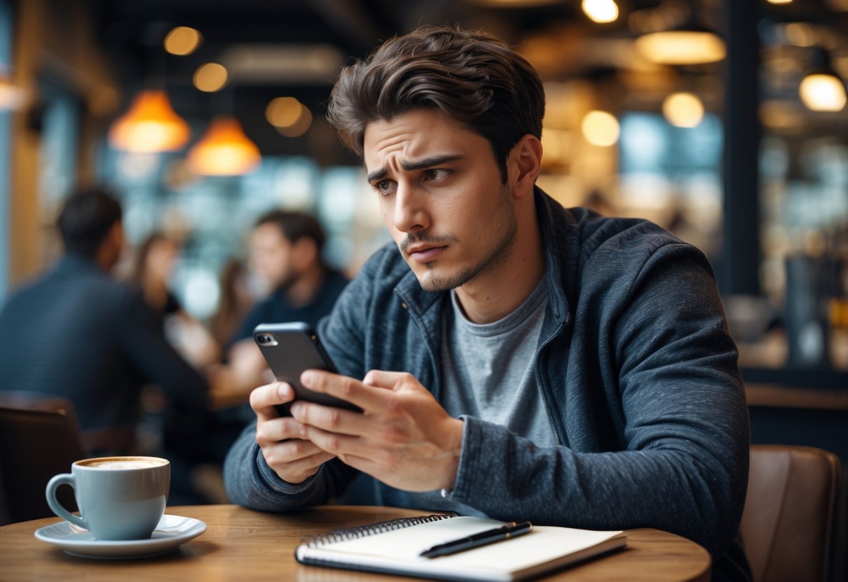 A young man sitting alone at a coffee shop table, looking thoughtfully at his smartphone.